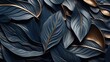 © DZMITRY - abstract blue and black tropical leaves, metal texture, bronze, gold, background, banner, layout,