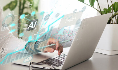 Leinwandbilder - Technology and people concept man use AI to help work, AI Learning and Artificial Intelligence Concept. Business, modern technology, internet and networking concept. AI technology in everyday life. 