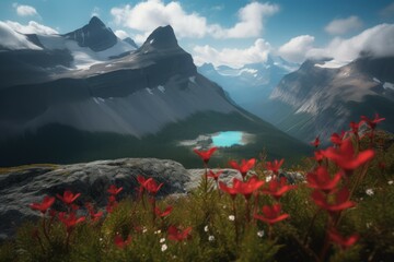 Wall Mural - Red flowers mountain lake. Generate Ai