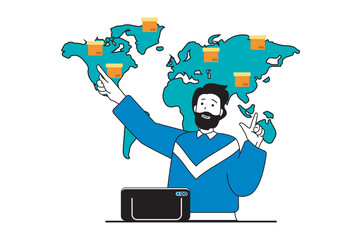 Poster - Worldwide delivery concept with people scene in flat web design. Man managing different post departments at global locations at map. Vector illustration for social media banner, marketing material.