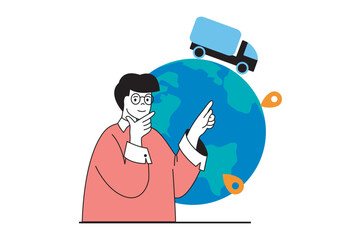 Poster - Worldwide delivery concept with people scene in flat web design. Man managing export and import shipping of goods with truck logistics. Vector illustration for social media banner, marketing material.