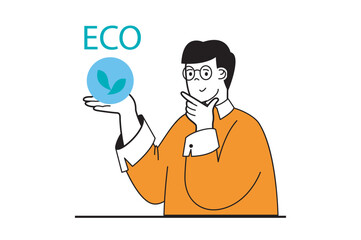 Aufkleber - Zero waste concept with people scene in flat web design. Eco activist man thinking about protecting nature and saving planet strategy. Vector illustration for social media banner, marketing material.