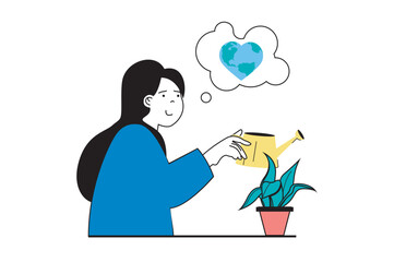 Leinwandbilder - Zero waste concept with people scene in flat web design. Woman watering seedling and growing plants and trees for planting in forests. Vector illustration for social media banner, marketing material.