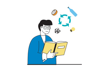 Leinwandbilder - Zero waste concept with people scene in flat web design. Man reading book and gets eco lifestyle habits of sorting and recycling trash. Vector illustration for social media banner, marketing material.
