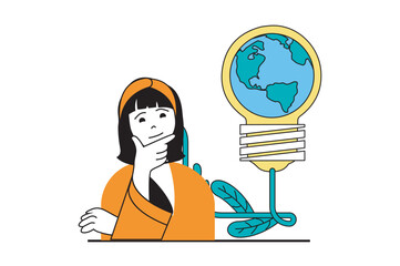 Leinwandbilder - Zero waste concept with people scene in flat web design. Woman uses efficiency light bulb with green energy technology for save plants. Vector illustration for social media banner, marketing material.