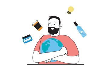Poster - Zero waste concept with people scene in flat web design. Man protecting nature, using glass bottle, coffee cup, efficiency light bulbs. Vector illustration for social media banner, marketing material.