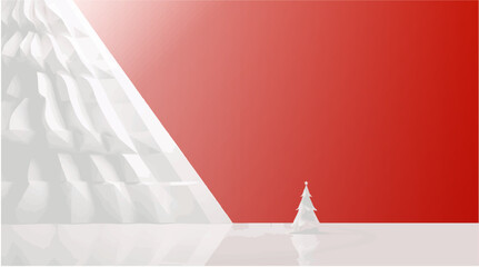 Wall Mural - Festive,A white Christmas tree and snow on a red background. Copy space . Winter, festive, Christmas background blank, postcard. Christmas background. Work piece. Vector illustration