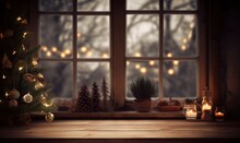 Cozy Christmas Glow. Festive Home Decor. Vintage Holiday Charm. Window Candlelight With Empty Table. Winters Warm Embrace. Candlelight Xmas