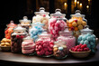 Varity of colorful sugary candy, lollipop and marshmellow in a class jar, grocery store or party concept, sweets for holiday