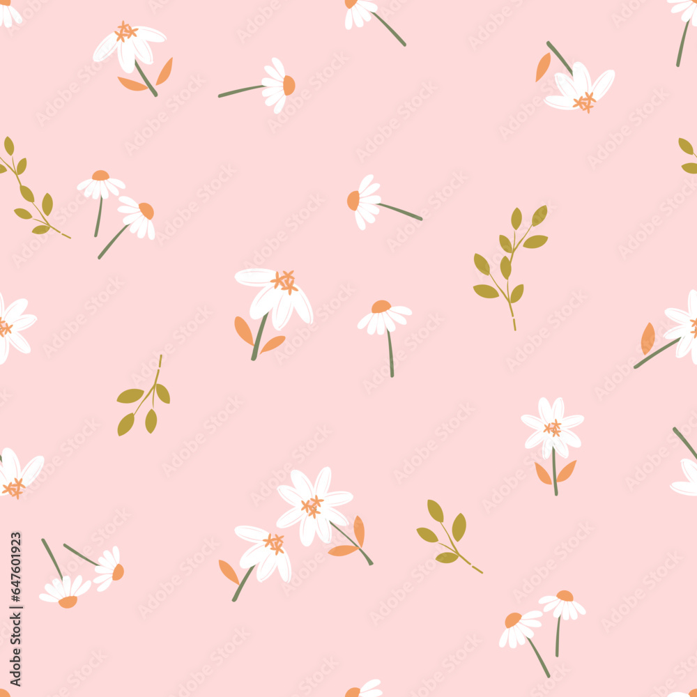 Seamless pattern with wild flower, green branch and daisies on pink ...