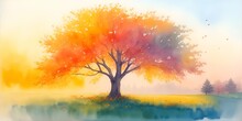 Majestic Alone Tree On A Hill At Mountain Valley. Dramatic Colorful Morning Scene. Red And Yellow Autumn Leaves. Watercolor Style. AI Generated Illustration