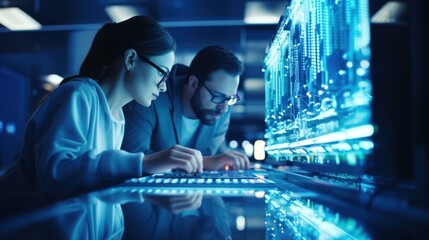 Data scientists work in a modern office of a technology company on the development of a quantum computer. Science, technology, big data and blockchain concept.