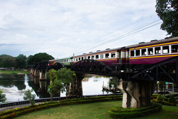 Steel railway bridge over river kwai of landmarks memorials historical sites and monument World War II Sites for thai people foreign travelers travel visit on August 30, 2023 in Kanchanaburi, Thailand