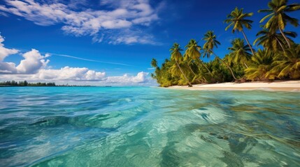 Sticker - Tropical Palm Tree in the Sunshine. Paradise Island in the Ocean.