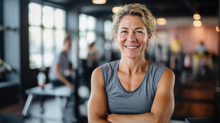 Wall Mural - Senior, woman, and gym portrait of a person happy about fitness, training, and exercise. Sports, happy. Smile, healthy body and face of senior woman after training, exercise, and sports goals.