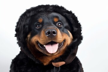 Wall Mural - Close-up portrait photography of a happy rottweiler wearing a teddy bear costume against a white background. With generative AI technology