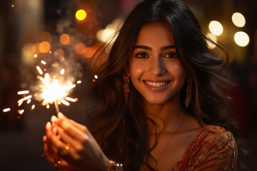 Canvas Print - Indian woman holding fulzadi or sparkle in hand and celebrate diwali festival.