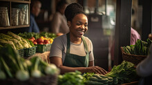 Joyful African American Seller Woman Working In Fruit Shop. Generative Ai