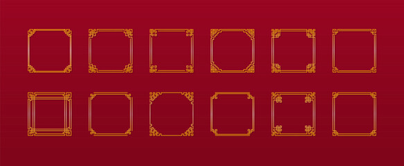 Wall Mural - Large set of Chinese square frames in traditional style. Golden Asian frame on red background. Vector illustration.