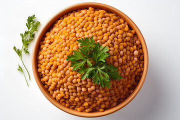 top view of lentils in a bowl isolated on white background 