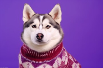 Wall Mural - Medium shot portrait photography of a funny siberian husky wearing a festive sweater against a vibrant purple background. With generative AI technology