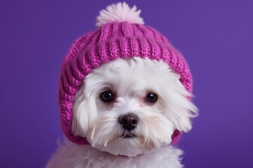 Canvas Print - Close-up portrait photography of a cute bichon frise wearing a knit cap against a vibrant purple background. With generative AI technology