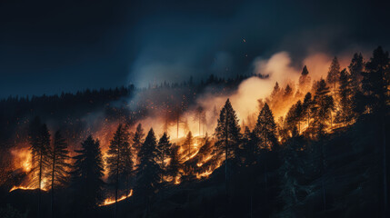 Wall Mural - Forest fires exacerbated by climate change, highlighting urgent need for environmental consciousness and proactive action against ecological threats.