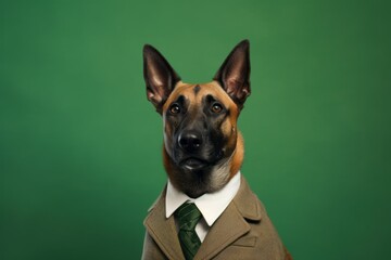 Wall Mural - Lifestyle portrait photography of a cute belgian malinois dog wearing a dapper suit against a green background. With generative AI technology