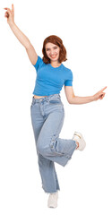 Joyful happy woman, full body front view young Joyful happy woman. Caucasian young teen girl outstretched hands stand on toe isolated transparent png background copy space. Lifestyle concept.