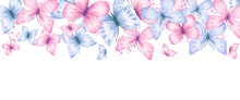Horizontal Border With Abstract Blue And Pink Butterflies, Watercolor. Background With Butterflies.