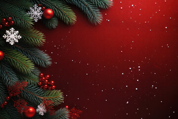 Wall Mural - Red background with copy space for design decorated with Christmas tree branch and ornaments