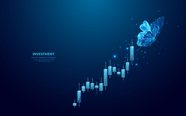 Leinwandbilder - Abstract butterfly flutters over a digital growing graph. Boosting sell. Stock market icon. Investment and finance concept. Futuristic low poly wireframe vector illustration. Polygonal origami insect.