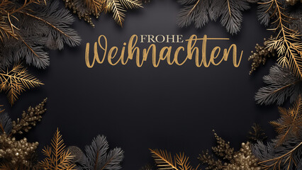 Wall Mural - Frohe Weihnachten, festliche Grußkarte Illustration mit deutschem Text - Rahmen aus goldenen Tannenzweigen und Weihnachtsdekoration auf schwarzem Hintergrund, Draufsicht