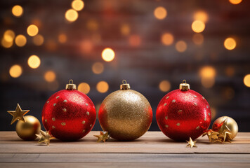 Poster - Christmas ornaments on wooden table with bokeh background