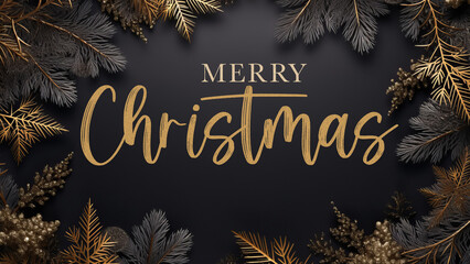 Wall Mural - Merry Christmas, festive greeting card illustration with text - Frame made of golden fir branches and christmas decorations ornaments on black table background, top view