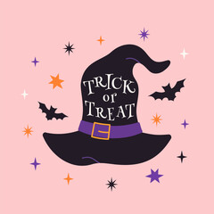 Wall Mural - Trendy Halloween design with witch hat, bats, stars and typography. Pink background. Hand drawn vector cute illustration perfect for greeting card, banner, poster, invitation.