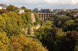 Luxembourg city view from the Place de la Constitution to the Passerelle bridge.