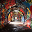 Fotografia de sucesion de tuneles urbanos con paredes llenas de grafittis de multiples colores