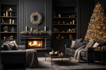 Wall Mural - A cozy black minimal living room with a roaring fire in the fireplace, decorated with gold stockings, ornaments, and a beautifully lit Christmas tree in the corner. Generative Ai