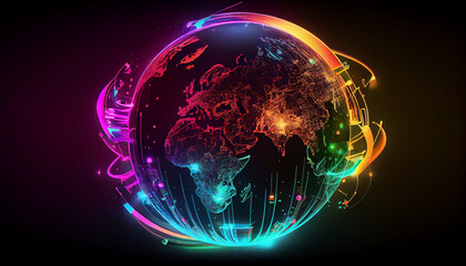 Wall Mural - Abstract of neon and colorful global world in cyberspace, future energy power technology and internet connection concept, isolated modern background, Ai generated image