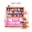 Beautiful interior design with pink sofa, book-case, lamp, wooden table and flowers. Stylish digital interior illustration