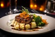 A delicious dish featuring steak, mashed potatoes and vegetables, served in an upscale dining restaurant. Generative AI