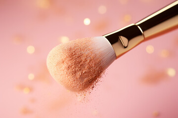 makeup brush close up with golden glittery powder flying around on a pastel pink background