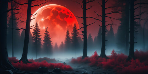 Wall Mural - forest fog scenery with big red moon