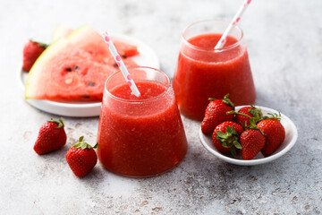 Wall Mural - Refreshing watermelon drink with fresh strawberry