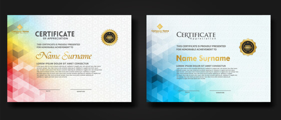 Wall Mural - Set modern certificate template with gradation colorful polygon shape ornament
