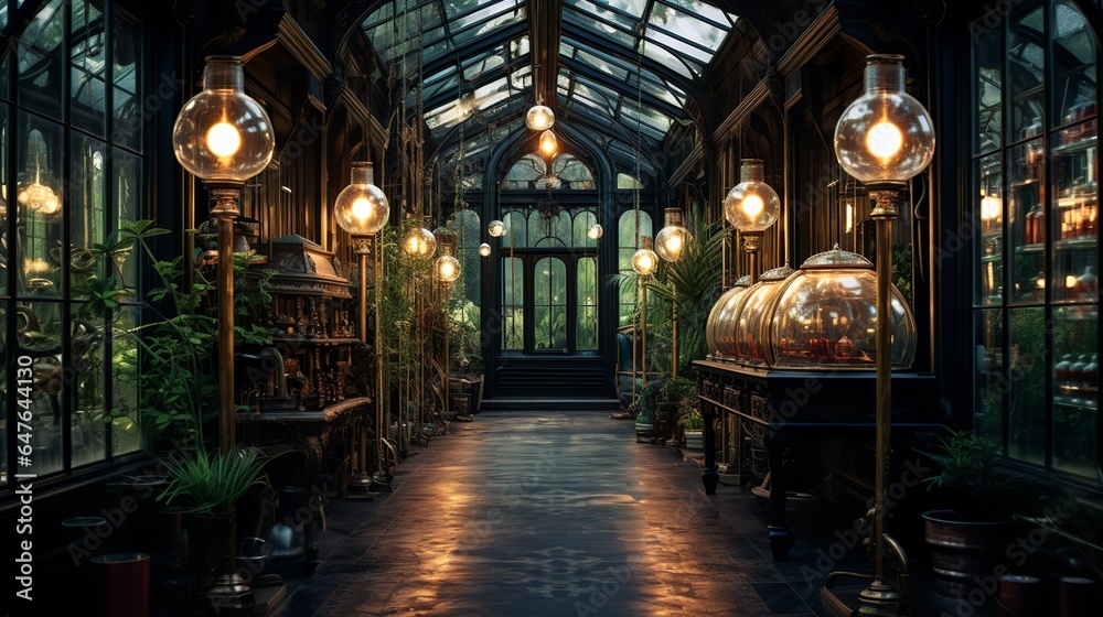 Victorian botanical garden style living room interior with glass ...