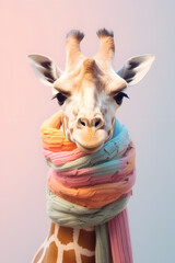 Wall Mural - Funny portrait of the giraffe with scarf on the pastel background.