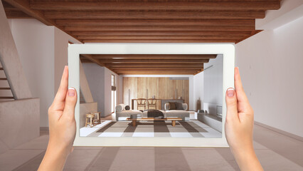 Wall Mural - augmented reality concept. hand holding tablet with ar application used to simulate furniture and de