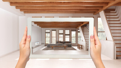 Wall Mural - augmented reality concept. hand holding tablet with ar application used to simulate furniture and de